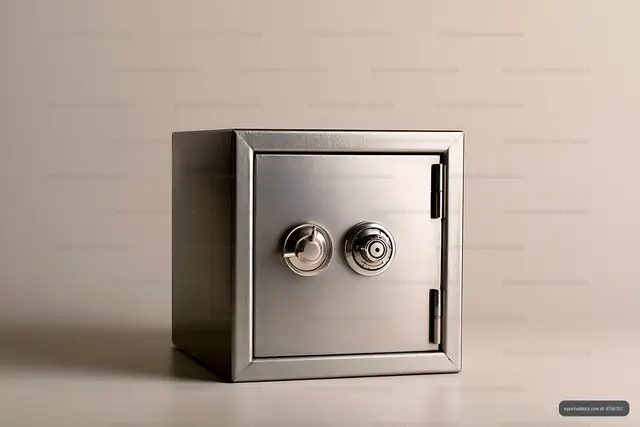 Closed metal safe on a reflective surface