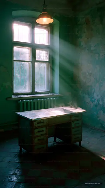 Weathered Interior with Old Desk and Dramatic Window Light