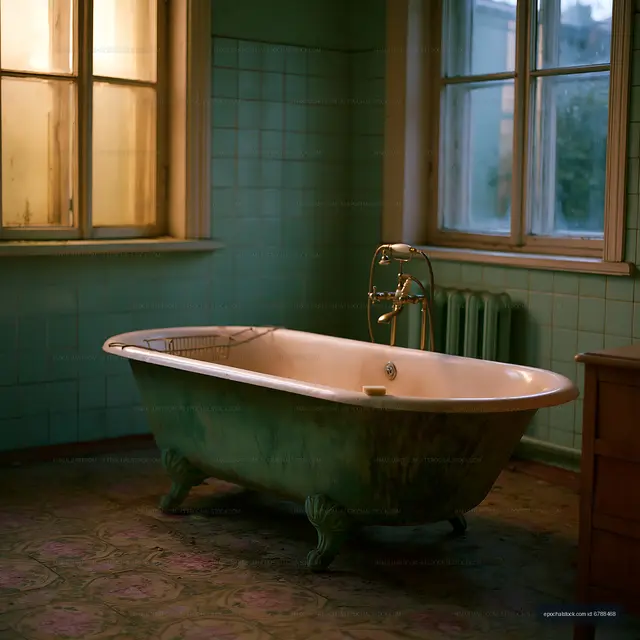 Antique bathtub beneath windows in a tiled room