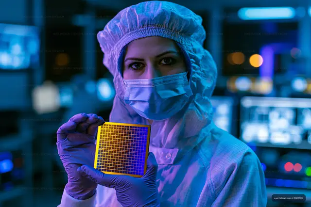 Masked cleanroom worker holding a gridded microchip wafer