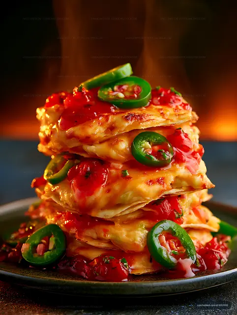 Colorful stacked quesadillas with melted cheese and peppers