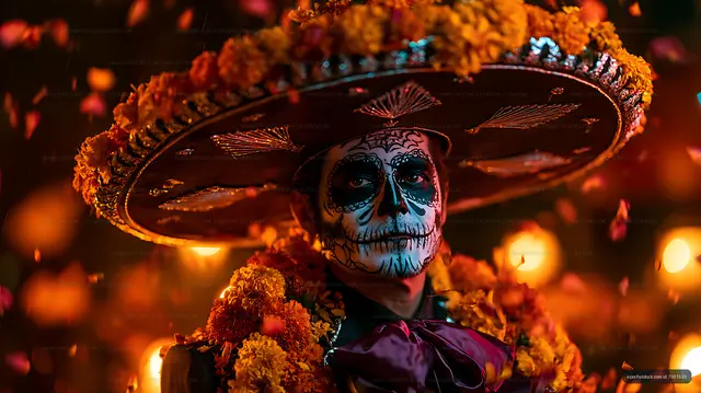 Close-up portrait with skeletal makeup and marigold sombrero