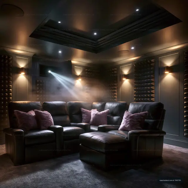 Elegant home cinema interior with dramatic projector lighting