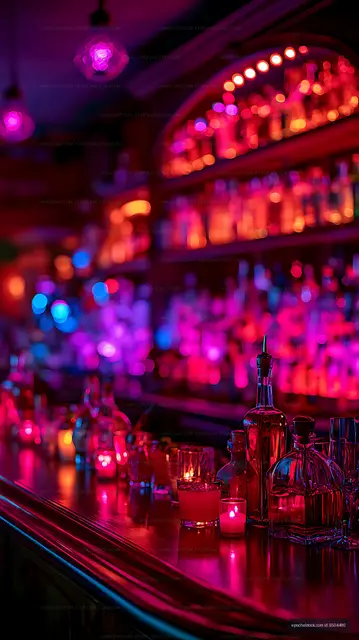 Abstract colorful bar interior with glowing bottles