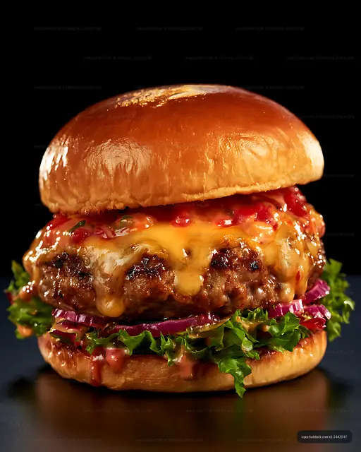 Juicy cheeseburger with melted cheese and vegetables