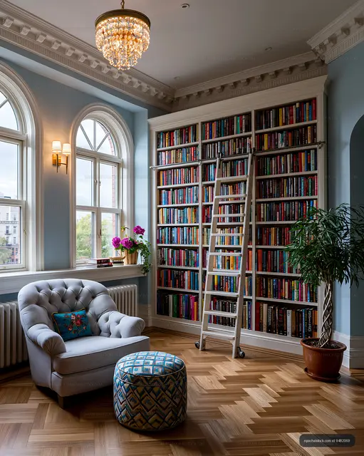 Classic Library Interior with Books, Ladder, and Armchair