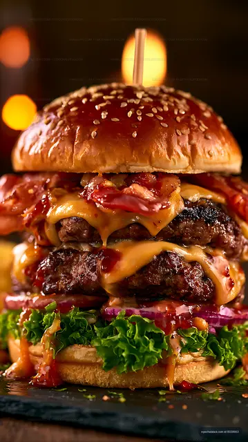 Double cheeseburger with sesame bun and colorful toppings