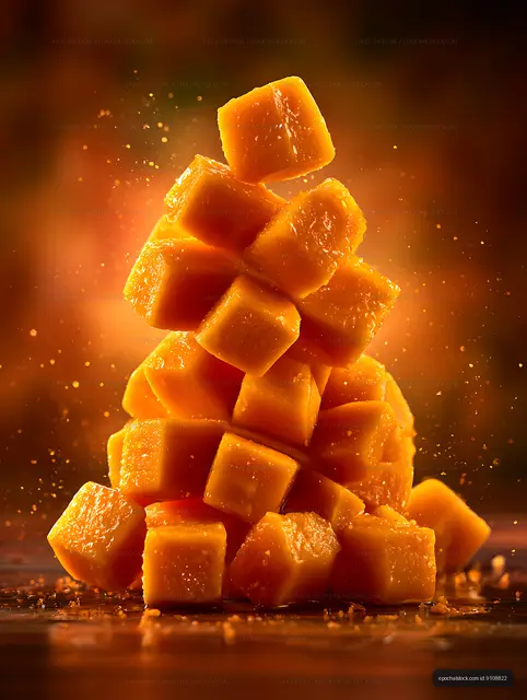 Orange fruit cubes with droplets and warm reflections