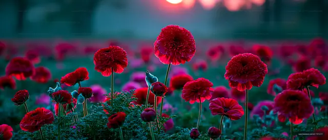 Vibrant field of red flowers at sunset