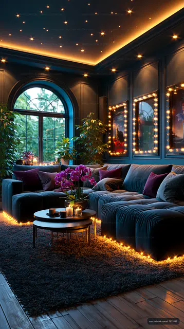 Elegant cozy lounge with velvet sectional and candlelit tables
