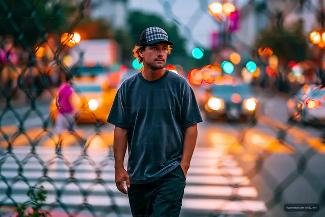 Portrait of a man amid colorful city lights