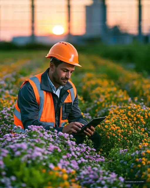 Safety-clad worker checking a tablet among colorful flowers