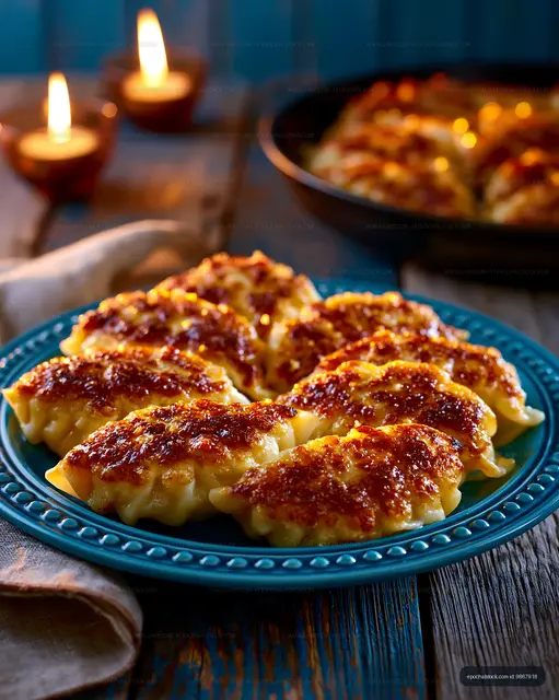 Baked dumplings in warm candlelit table setting