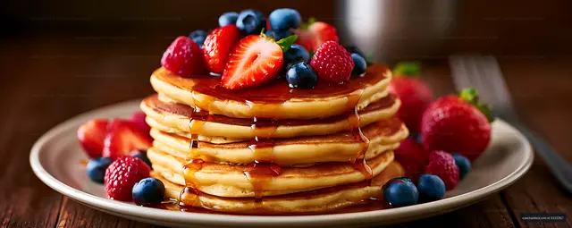 Pancake breakfast with berries and flowing syrup