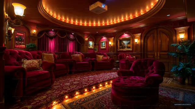 Ornate theater lounge with velvet chairs and stage curtains