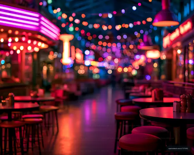 Neon-lit lounge interior with colorful bokeh