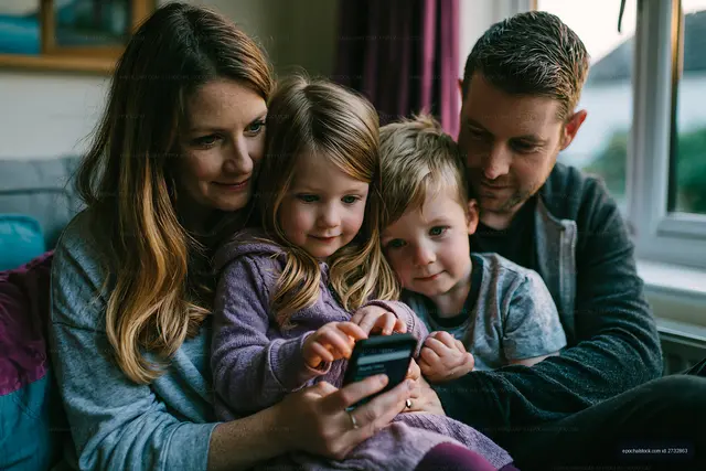 Close family moment with children and smartphone
