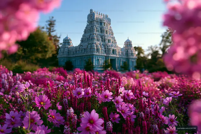 Ornate temple beyond a vivid field of pink blossoms