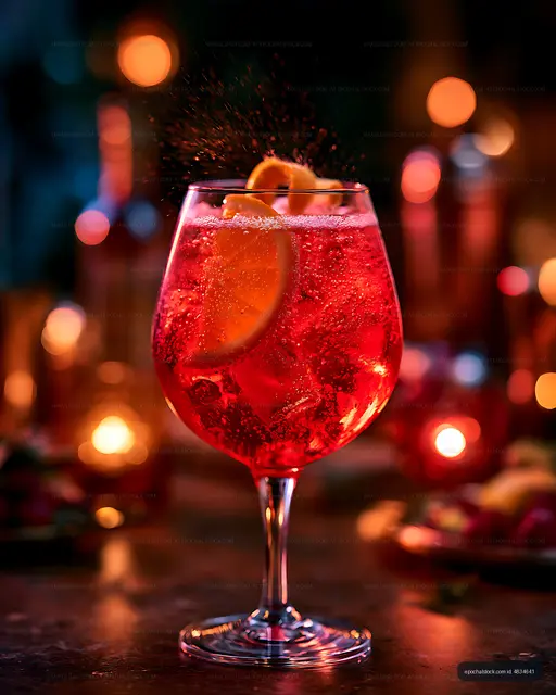Red citrus cocktail in a glass against colorful blurred lights
