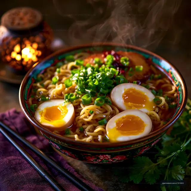 Steaming ramen bowl topped with eggs and scallions