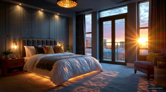 Contemporary bedroom with panoramic sunset windows