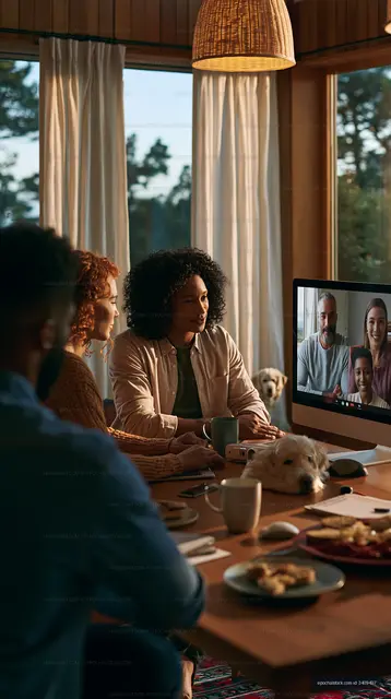 Friends gathered around a table during a video call