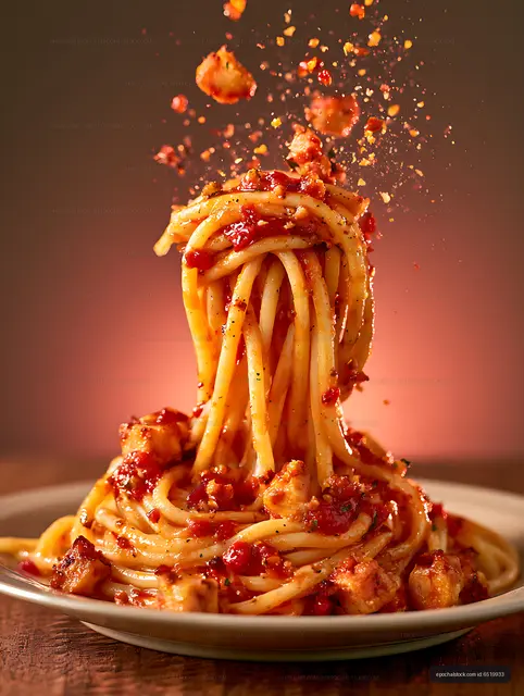 Close-up spaghetti plate with tomato sauce and meatballs