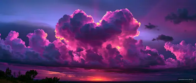 Surreal pink and violet clouds glowing at dusk