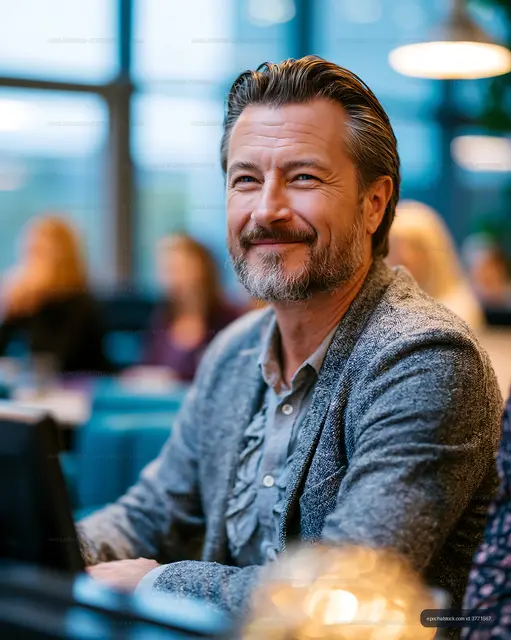 Bearded man smiling in a softly lit cafe