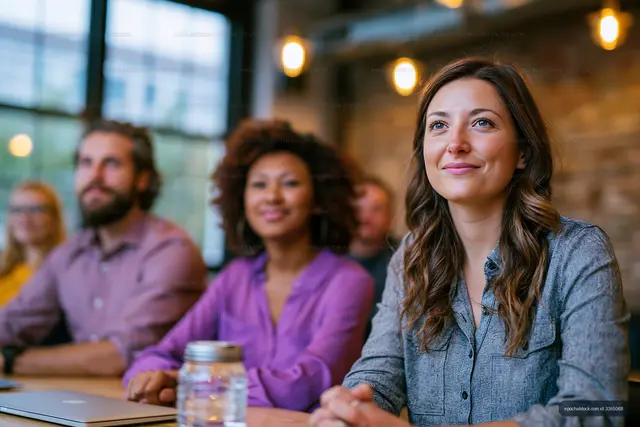 Smiling professional woman in a warmly lit office meeting