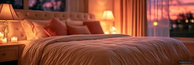 Elegant cozy bedroom glowing with evening light