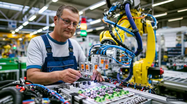 Technician and robotic arm in modern manufacturing facility