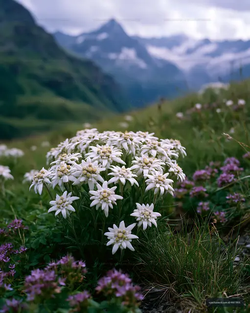 Alpine wildflowers against a soft mountain backdrop