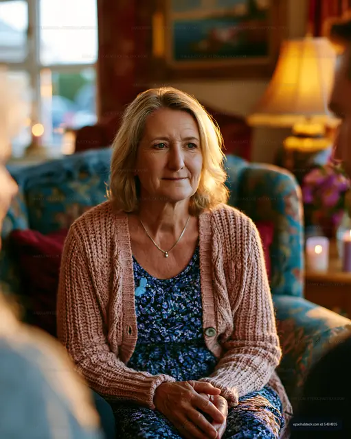 Seated mature woman in cozy home interior
