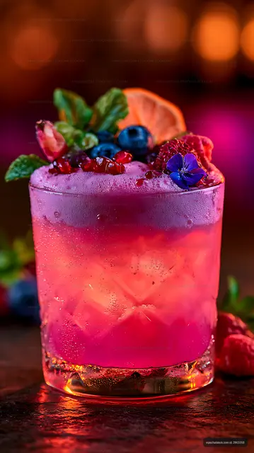 Pink berry drink with citrus and edible flower garnish
