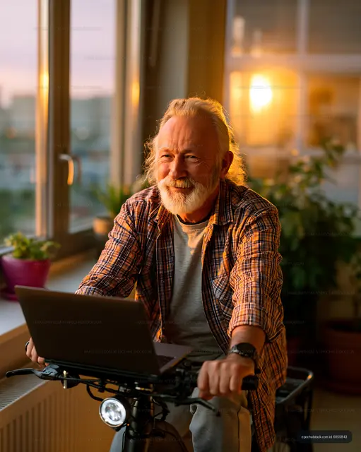 Older man working on laptop while sitting on an electric bicycle