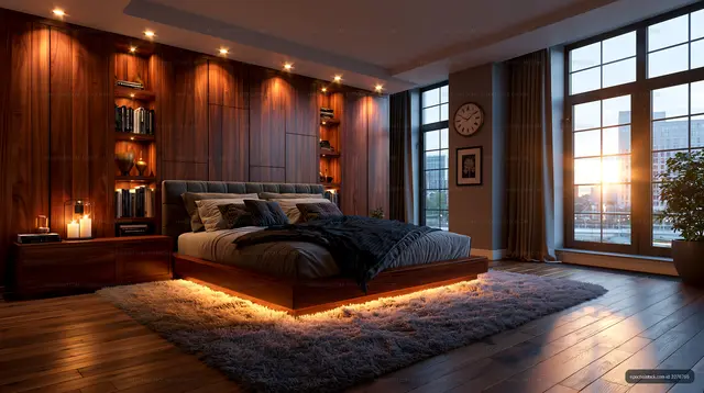 Warm contemporary bedroom overlooking the city at sunset