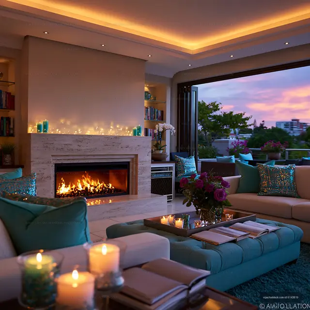 Warm living room with fireplace and evening window view