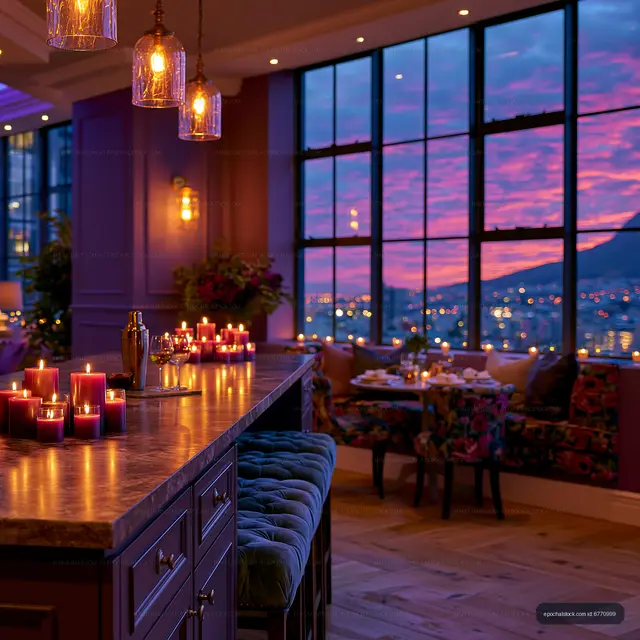 Elegant candlelit interior with colorful sunset skyline