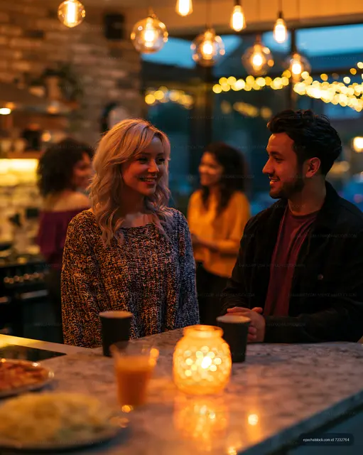 Smiling couple sharing drinks at a warmly illuminated cafe