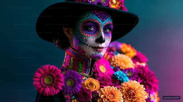 Skull-inspired face paint and vibrant flowers portrait