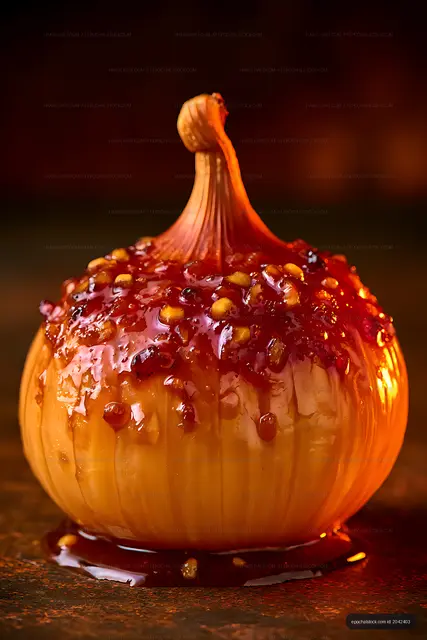 Golden onion with glossy red-brown glaze