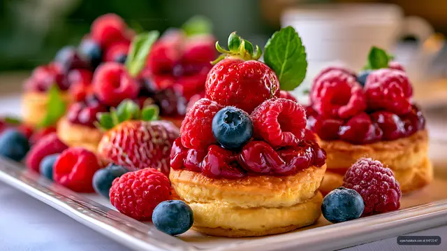 Golden pastry topped with colorful fresh berries