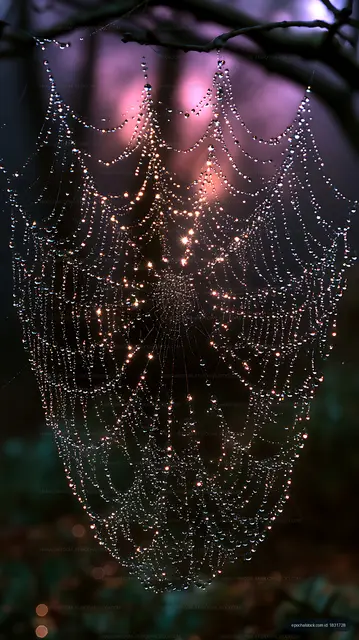 Glowing water droplets on an intricate spider web