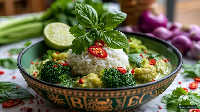 Rice and vegetable curry bowl garnished with herbs and chili