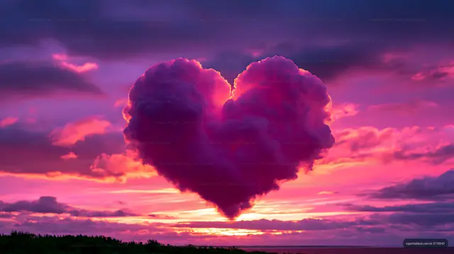 Heart-shaped storm cloud over a glowing coastal sunset