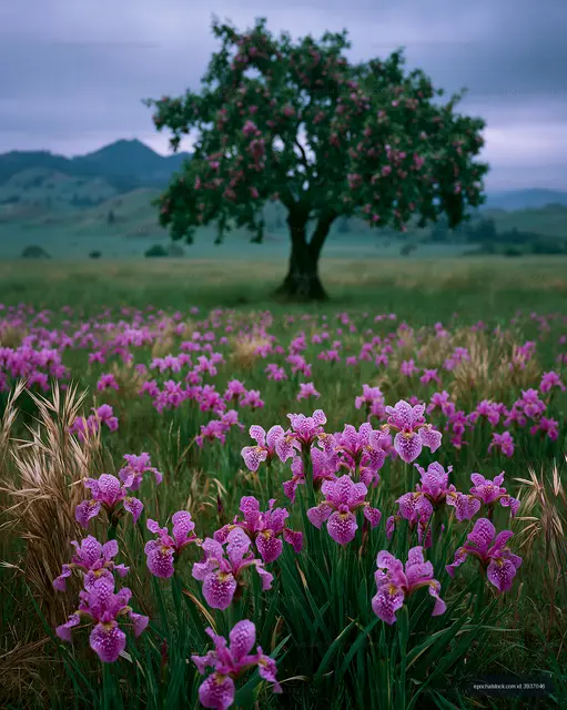 Blooming pink irises in a mountain meadow