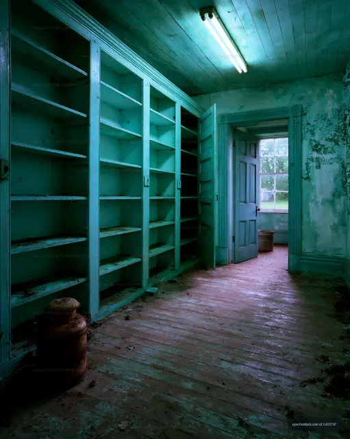 Empty shelves and peeling paint in an abandoned interior