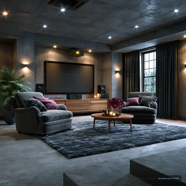 Industrial-style living room with screen and comfortable seating