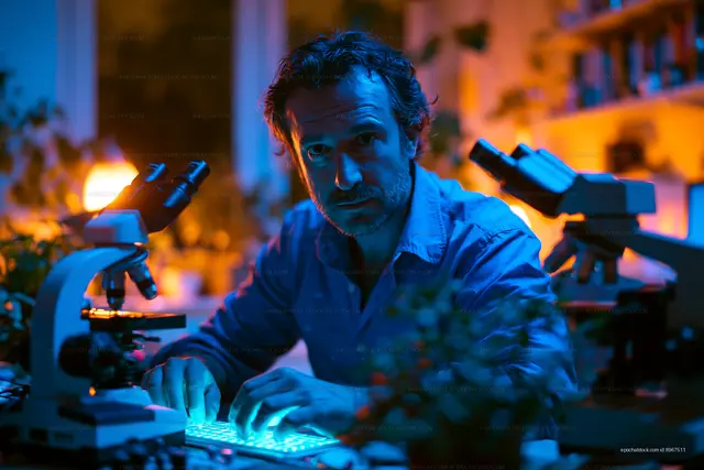 Scientist studying a sample beside laboratory microscopes